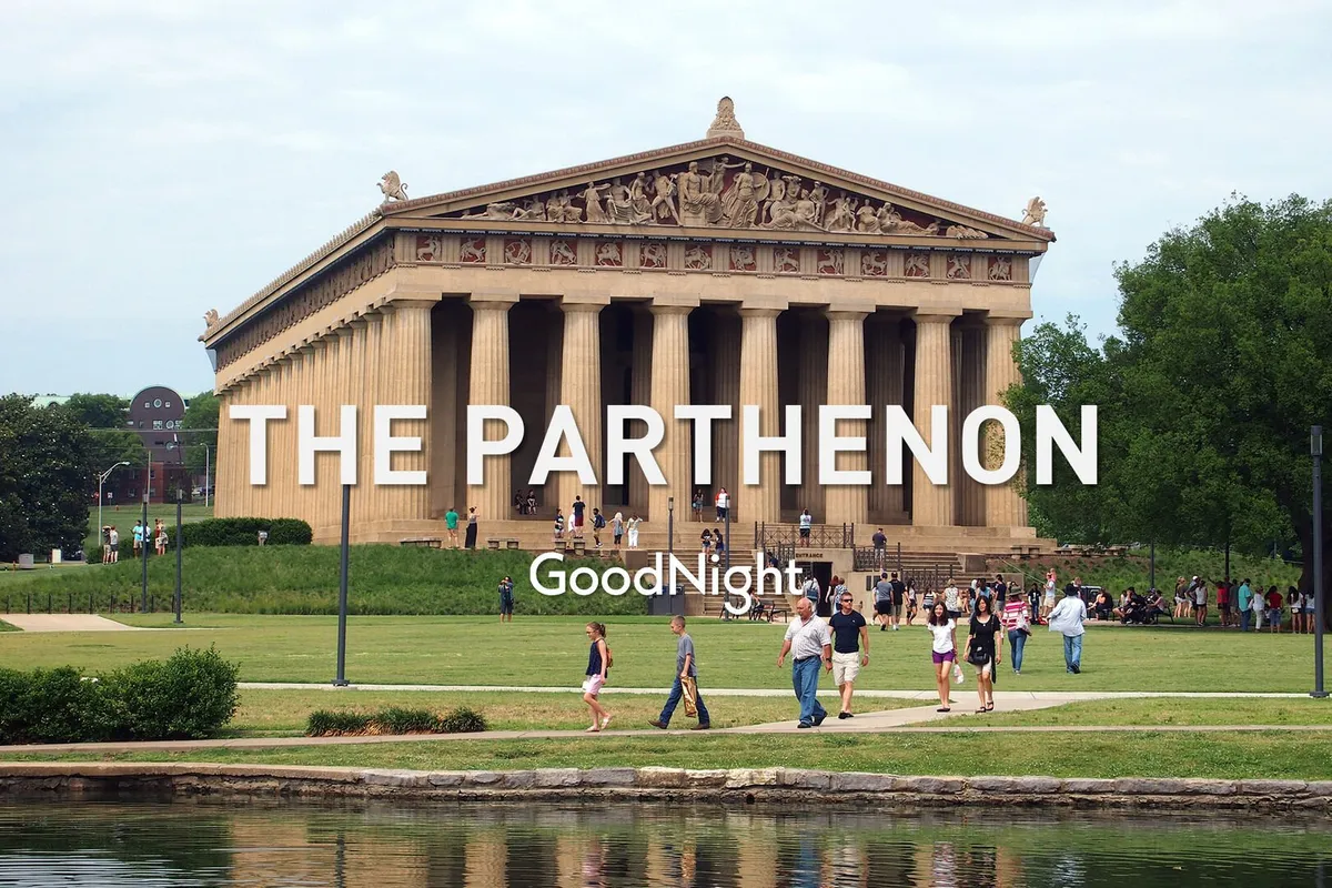 This image features the iconic Parthenon in Centennial Park, with visitors strolling across the lush green lawn. The setting is bright and inviting, blending Nashville’s historical and cultural appeal with natural beauty.